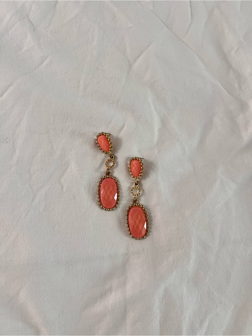 Gold-Trim Coral Drop Earrings — Dainty Double-Stone Design